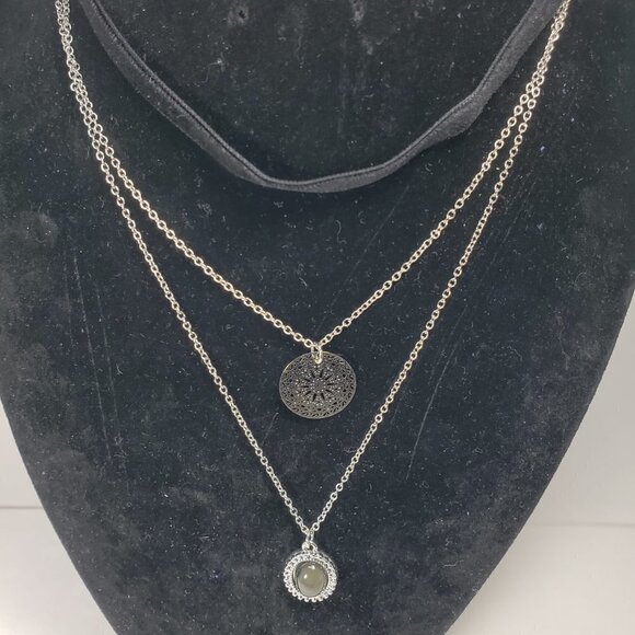 Silver-tone Set of 3 Black Velvet Choker Necklaces w/ Stone & Filigree Pendant - Picture 6 of 12